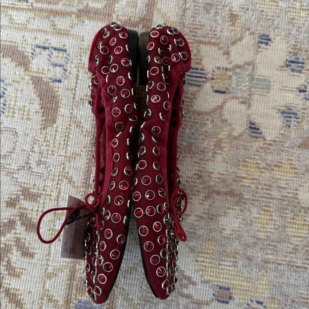 NWT Mango studded bow front ballet pumps in red Size 36